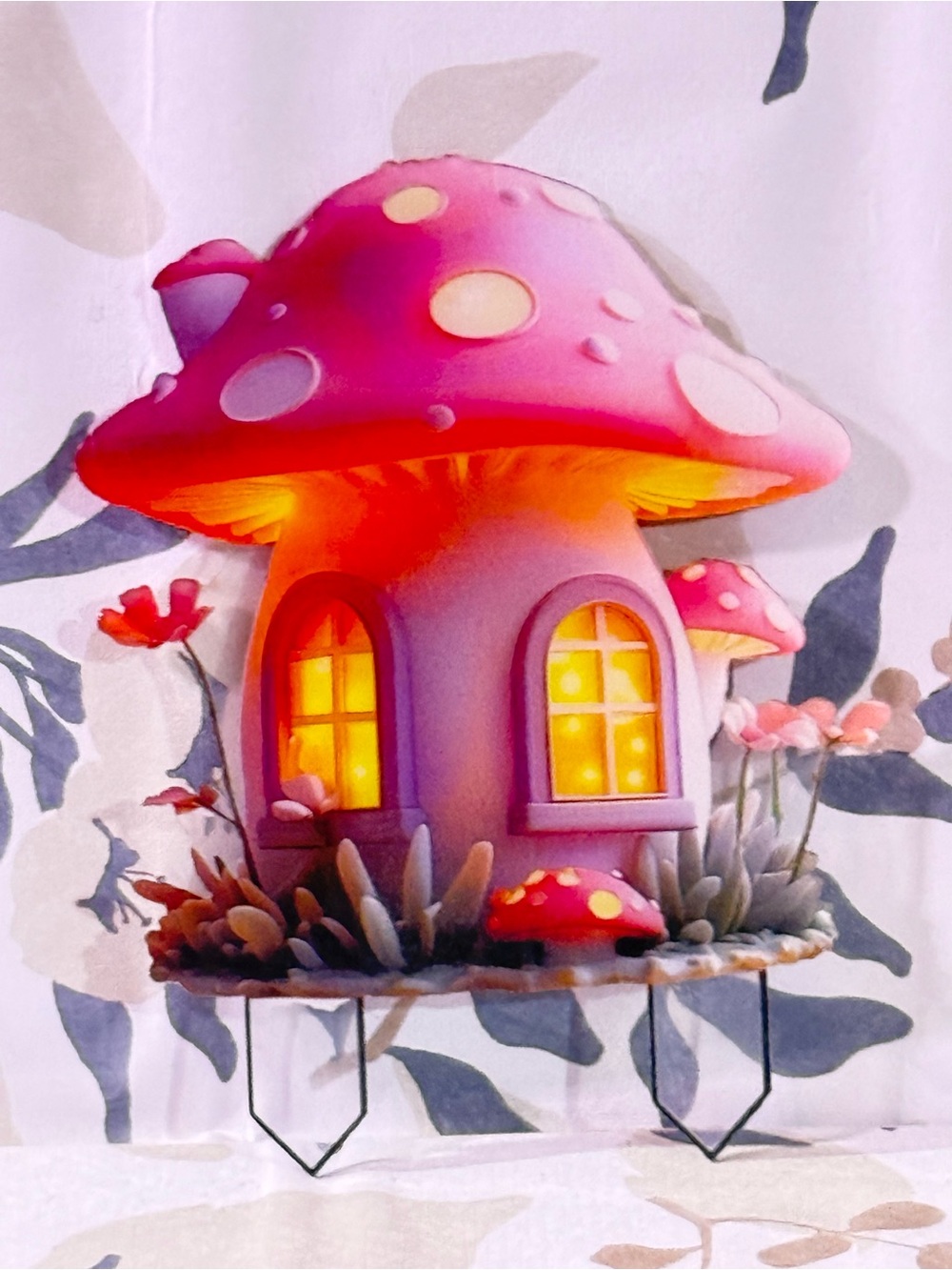 Whimsical Pink & Purple Mushroom House Graphic Garden Stake